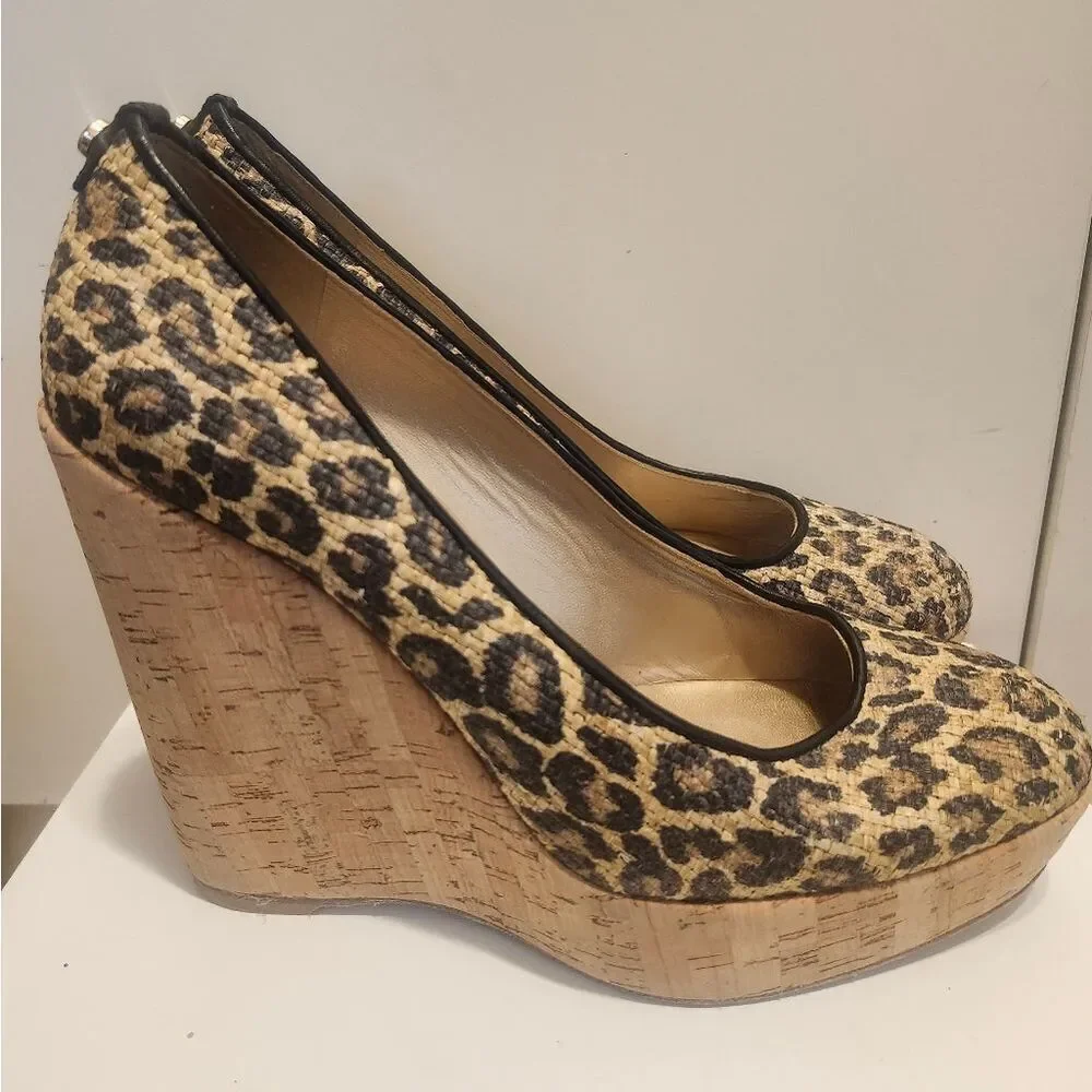Stuart Weitzman Blk/TanLeopard Print Raffia Platform Wedge Pumps Sz.10 $395 EUC - Picture 2 of 8
